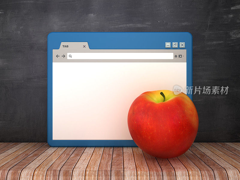 Web浏览器与苹果在黑板背景- 3D渲染
